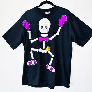 Vintage T-Shirt Size XL Skeleton Silver Metallic 90s Y2K Halloween Mardi Gras
